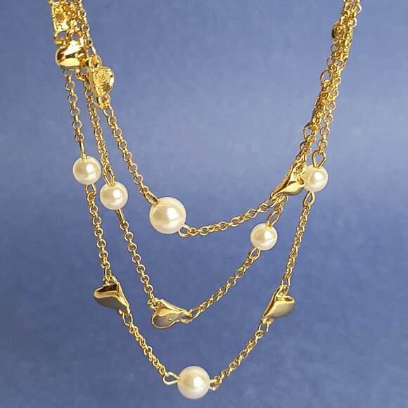 Multi Strand Faux Pearl Gold Tone Layered Necklace Lobster Claw Clasp Casual - Picture 5 of 6